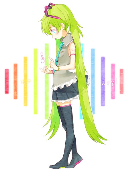 Anime picture 1000x1325 with vocaloid hatsune miku renta (deja-vu) single tall image blush blue eyes simple background smile standing white background twintails very long hair profile green hair treble clef girl thigh boots