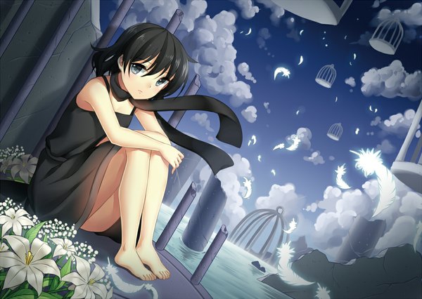 Anime picture 1039x738 with original jenevan single looking at viewer short hair blue eyes black hair cloud (clouds) barefoot destruction girl scarf feather (feathers) sundress cage