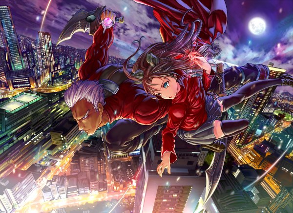 Anime picture 1200x872 with fate (series) fate/stay night type-moon toosaka rin archer (fate) munakata long hair short hair blue eyes black hair white hair night city flying city lights girl thighhighs boy skirt weapon