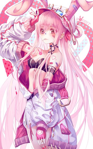 Anime picture 2566x4096 with original okazu (eightstudio) single tall image looking at viewer blush fringe highres breasts light erotic simple background hair between eyes standing white background bare shoulders payot pink hair cleavage very long hair nail polish
