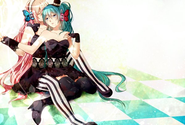 イラスト 1048x708 と ボーカロイド magnet (vocaloid) 初音ミク 巡音ルカ bshi edayo 青い目 multiple girls ピンク髪 eyes closed very long hair aqua hair checkered floor 女の子 ストッキング ドレス 黒ストッキング 2人女子 帽子 パンスト ヘッドフォン