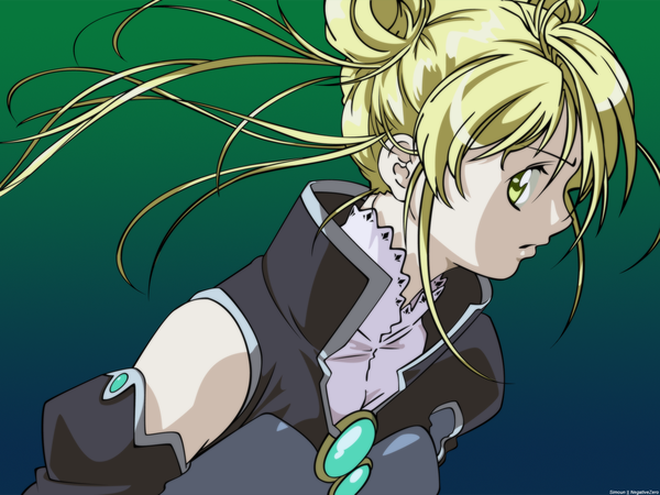 Anime picture 1600x1200 with simoun aeru single looking at viewer blonde hair green eyes gradient background girl