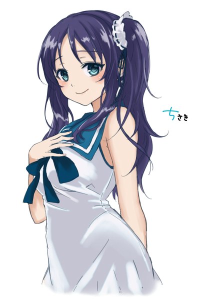 Anime picture 1000x1414 with nagi no asukara p.a. works hiradaira chisaki pisuke single long hair tall image looking at viewer blush simple background smile white background purple hair aqua eyes hand on chest sketch girl dress scrunchie hair tie