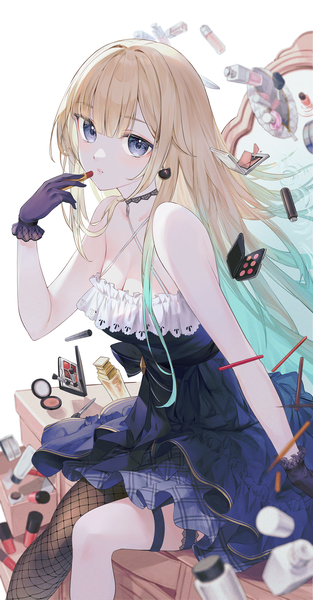 Anime picture 1624x3115 with virtual youtuber vspo! aizawa ema nakashima (pluscolor) single long hair tall image looking at viewer fringe blue eyes blonde hair sitting bare shoulders holding multicolored hair arm up aqua hair two-tone hair makeup girl