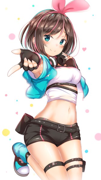 Anime picture 1376x2456 with virtual youtuber a.i. channel kizuna ai kizuna ai (a.i. games) yuano single tall image looking at viewer blush fringe short hair breasts smile brown hair white background bent knee (knees) multicolored hair aqua eyes open jacket two-tone hair