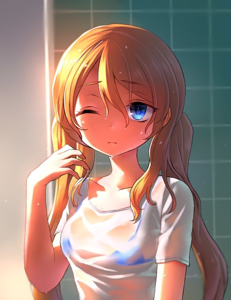 Anime picture 1077x1400 with original neit ni sei single long hair tall image looking at viewer fringe breasts blue eyes light erotic blonde hair hair between eyes twintails payot upper body indoors one eye closed arm up blurry shadow