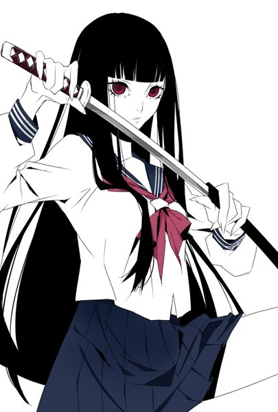 Anime picture 1181x1748 with original hiakko single long hair tall image looking at viewer fringe black hair simple background red eyes white background holding bent knee (knees) pleated skirt fingernails long fingernails white skin unsheathing girl skirt