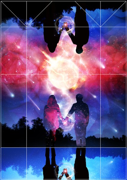 イラスト 2516x3543 と bananan 長髪 長身像 highres 立つ night night sky couple holding hands silhouette meteor rain double exposure 女の子 男性 植物 木 星