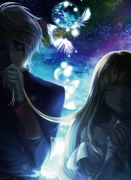 Anime picture 800x1100 with aldnoah.zero a-1 pictures slaine troyard asseylum vers allusia nana (t-a-f) long hair tall image fringe short hair blonde hair smile hair between eyes standing bare shoulders holding payot silver hair upper body eyes closed off shoulder