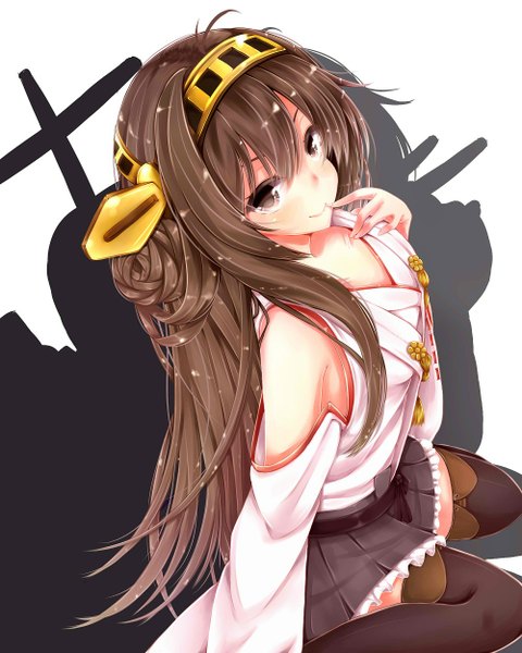 Anime picture 1000x1250 with kantai collection kongou battleship hiiragi yashiro single long hair tall image looking at viewer blush simple background smile white background sitting brown eyes ahoge traditional clothes japanese clothes shadow hair bun (hair buns) finger to mouth wariza