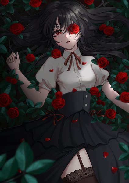 Anime picture 3380x4800 with original palette jay single tall image looking at viewer fringe highres open mouth black hair hair between eyes red eyes absurdres outdoors lying from above blurry short sleeves on back puffy sleeves side slit