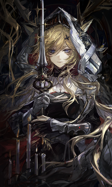 Anime picture 3078x5133 with arknights viviana (arknights) qianzhu single long hair tall image looking at viewer fringe highres blue eyes blonde hair hair between eyes standing holding absurdres upper body crying girl gloves hair ornament