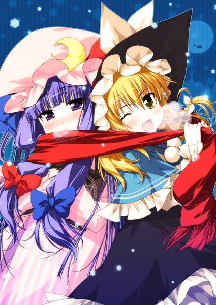 Anime picture 1000x1412 with touhou kirisame marisa patchouli knowledge chinchickrin long hair tall image looking at viewer blush fringe open mouth blonde hair purple eyes multiple girls yellow eyes purple hair one eye closed wink snowing winter exhalation