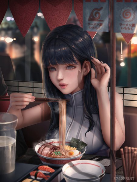 Anime picture 2700x3600 with naruto studio pierrot naruto (series) hyuuga hinata 5742fruit single long hair tall image blush fringe highres breasts blue eyes black hair large breasts holding signed upper body indoors blunt bangs