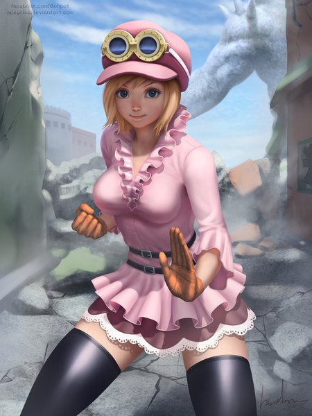 Anime picture 1500x2000 with one piece toei animation koala (one piece) pica gohpot single tall image looking at viewer short hair breasts blue eyes blonde hair standing signed outdoors light smile realistic zettai ryouiki fighting stance ruins