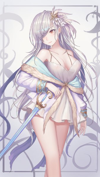 Anime picture 600x1063 with original rinmmo single long hair tall image blush fringe breasts light erotic simple background standing bare shoulders brown eyes looking away silver hair hair over one eye off shoulder fur trim covered nipples crossed legs (standing)