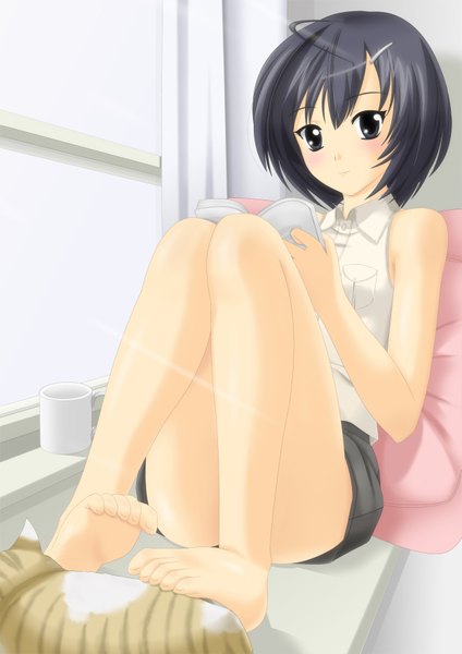 Anime picture 1241x1754 with original tagme (artist) tall image short hair black hair barefoot black eyes reading girl hair ornament shorts book (books) bobby pin cat