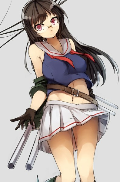 Anime picture 660x1000 with kantai collection choukai heavy cruiser kyouya (mukuro238) single long hair tall image looking at viewer black hair simple background smile pink eyes grey background midriff girl skirt gloves navel miniskirt black gloves glasses