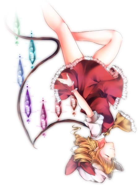 Anime picture 2197x2907 with touhou flandre scarlet yozakura retei single long hair tall image highres short hair simple background blonde hair white background eyes closed short sleeves legs frilly skirt upside down hat frills hands