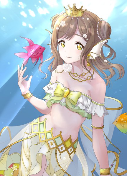 Anime picture 1736x2416 with love live! sunshine!! sunrise (studio) love live! kunikida hanamaru gorilla-shi single long hair tall image looking at viewer fringe highres smile brown hair bare shoulders yellow eyes light smile sunlight midriff hair bun (hair buns) underwater