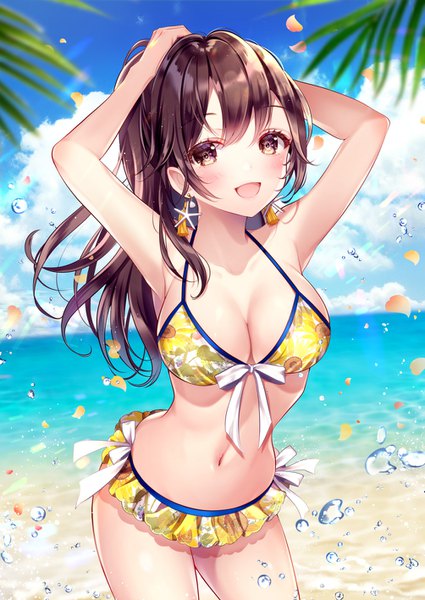 Anime picture 1003x1416 with original yugirlpict single long hair tall image blush fringe breasts open mouth light erotic smile hair between eyes brown hair standing brown eyes payot sky cloud (clouds) outdoors :d