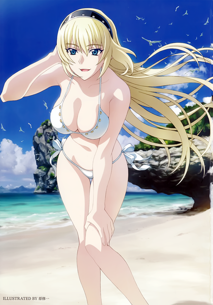 Anime picture 1051x1500 with muv-luv alternative schwarzesmarken muv-luv irisdina bernhard single long hair tall image fringe breasts open mouth blue eyes light erotic blonde hair hair between eyes large breasts standing bare shoulders signed payot looking away