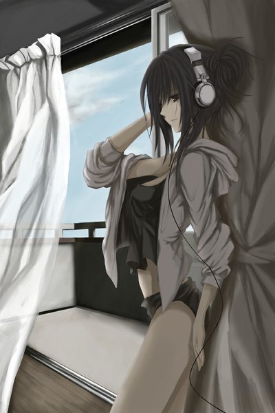 Anime picture 700x1050 with original simon (n.s craft) single long hair tall image blush light erotic black hair smile standing looking away sky cleavage cloud (clouds) black eyes open clothes open jacket girl underwear panties