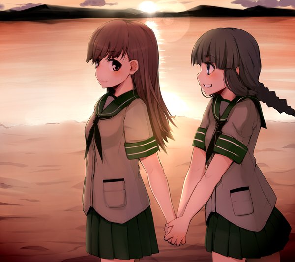 Anime picture 1135x1009 with kantai collection kitakami light cruiser ooi light cruiser ooi (kantai collection) momo (higanbana and girl) long hair blush blue eyes black hair brown hair multiple girls brown eyes profile holding hands evening sunset shoujo ai girl skirt uniform