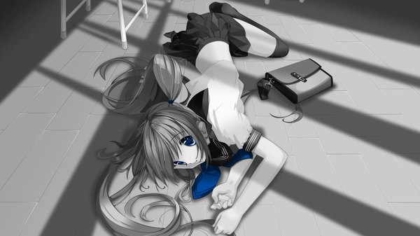 Anime picture 1920x1080 with original ueda ryou single long hair fringe highres blue eyes wide image twintails lying shadow monochrome spot color girl thighhighs skirt uniform black thighhighs school uniform shirt