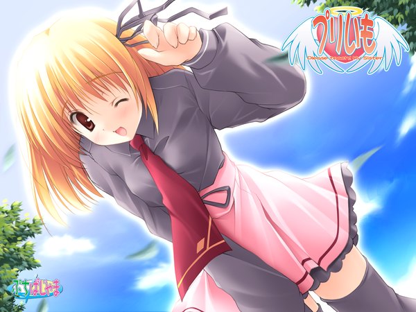 Anime picture 1600x1200 with please teach my angel (game) aono nonoka ikegami akane single blush short hair open mouth blonde hair smile brown eyes :d one eye closed wink copyright name girl thighhighs skirt uniform black thighhighs school uniform