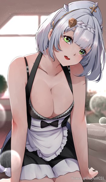 Anime picture 1050x1800 with genshin impact noelle (genshin impact) ozzyart 0221 single tall image looking at viewer blush fringe short hair breasts open mouth light erotic large breasts sitting bare shoulders green eyes signed cleavage silver hair indoors