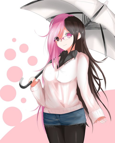 Anime picture 918x1144 with rwby rooster teeth neopolitan (rwby) hako (pixiv20875260) single long hair tall image looking at viewer black hair simple background smile white background holding signed pink hair ahoge pleated skirt pink eyes multicolored hair black eyes