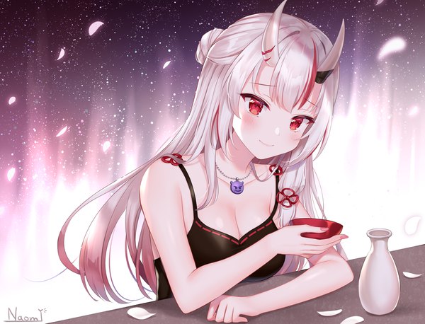 Anime picture 1500x1144 with virtual youtuber hololive nakiri ayame naomi (fantasia) single long hair breasts red eyes signed cleavage silver hair multicolored hair horn (horns) hair bun (hair buns) streaked hair half updo oni horns tress ribbon oni girl