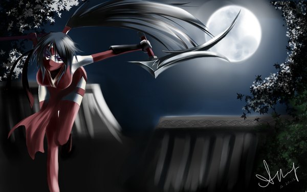 Anime picture 1920x1200 with league of legends akali (league of legends) blackrosekjl single long hair highres black hair wide image signed ponytail traditional clothes night girl weapon moon full moon