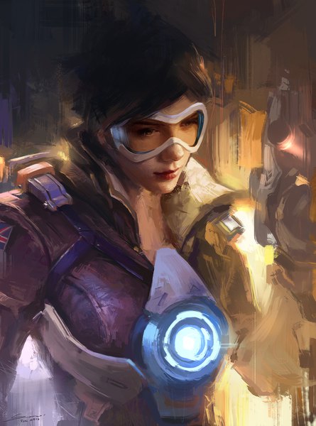 Anime picture 1472x1984 with overwatch blizzard entertainment tracer (overwatch) zackcy single tall image short hair brown hair signed looking away upper body realistic lipstick dated portrait red lipstick girl goggles