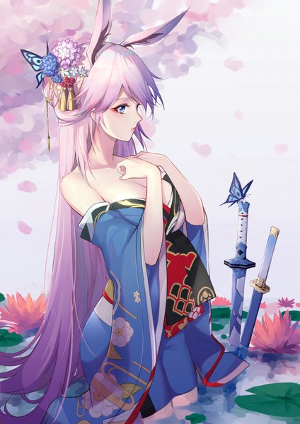 Anime picture 1240x1754 with honkai impact 3rd benghuai xueyuan honkai (series) yae sakura wo cai bushi zhushou single long hair tall image fringe breasts blue eyes large breasts standing bare shoulders animal ears looking away traditional clothes japanese clothes hair flower lips