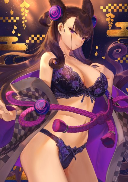Anime picture 1592x2251 with fate (series) fate/grand order murasaki shikibu (fate) mashuu (neko no oyashiro) single long hair tall image looking at viewer fringe breasts light erotic simple background hair between eyes brown hair large breasts standing purple eyes payot cleavage traditional clothes