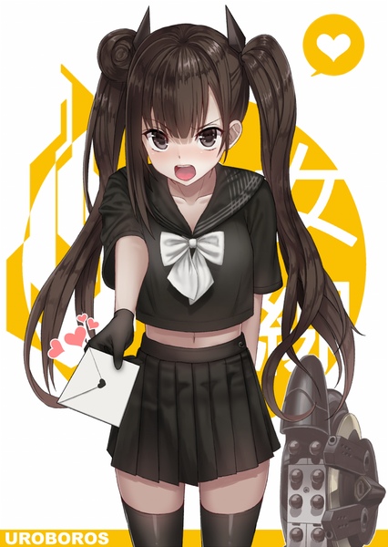 Anime picture 700x985 with girls frontline ouroboros (girls frontline) heifetz single long hair tall image looking at viewer blush fringe open mouth hair between eyes brown hair standing white background twintails holding payot pleated skirt teeth short sleeves