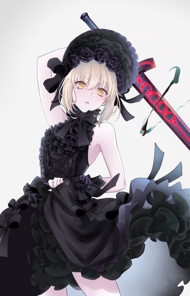 Anime picture 1317x2048 with fate (series) fate/grand order artoria pendragon (all) saber alter sow mhxx single tall image fringe short hair simple background blonde hair hair between eyes yellow eyes looking away frilled dress girl dress flower (flowers) weapon hat