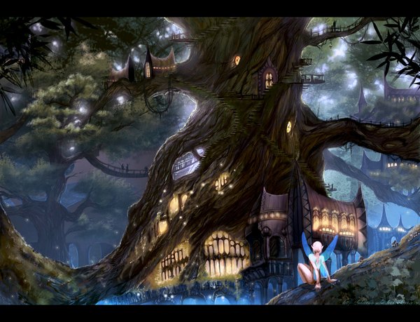 Anime picture 1024x785 with original akaruimiho (artist) blonde hair sitting pointy ears back city fantasy fairy girl plant (plants) wings tree (trees) window branch forest stairs house bridge fireflies