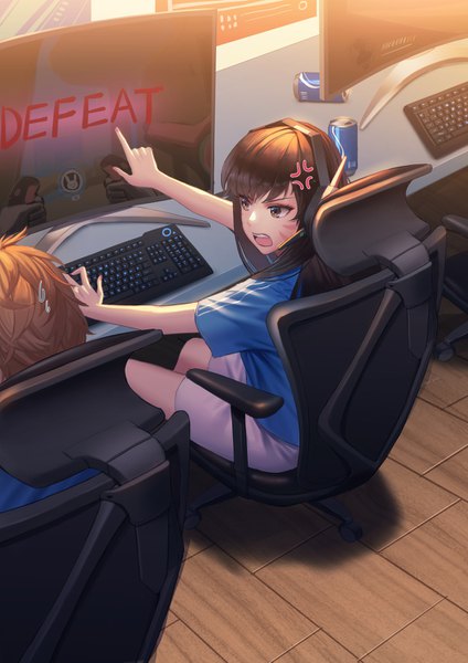 Anime picture 1000x1415 with overwatch blizzard entertainment d.va (overwatch) anier long hair tall image fringe short hair open mouth brown hair sitting brown eyes indoors nail polish fingernails from above from behind teeth short sleeves facial mark