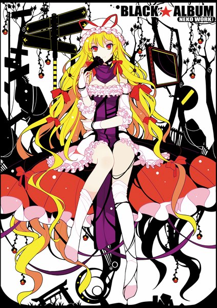 Anime picture 1127x1593 with touhou yakumo yukari ideolo single tall image looking at viewer fringe blonde hair smile red eyes sitting cleavage very long hair no shoes girl thighhighs dress bow hair bow white thighhighs