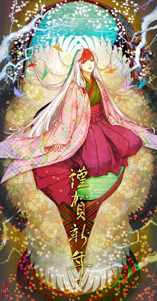 Anime picture 785x1500 with original uraki (tetsu420) single tall image looking at viewer fringe open mouth sitting brown eyes white hair red hair very long hair nail polish traditional clothes japanese clothes multicolored hair inscription two-tone hair hieroglyph girl