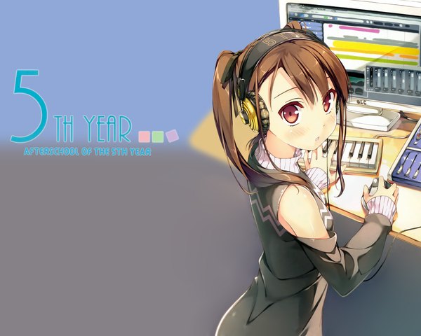 Anime picture 1750x1400 with original kantoku single long hair looking at viewer blush highres open mouth brown hair bare shoulders brown eyes ponytail looking back turning head girl hair ornament ribbon (ribbons) hair ribbon headphones computer