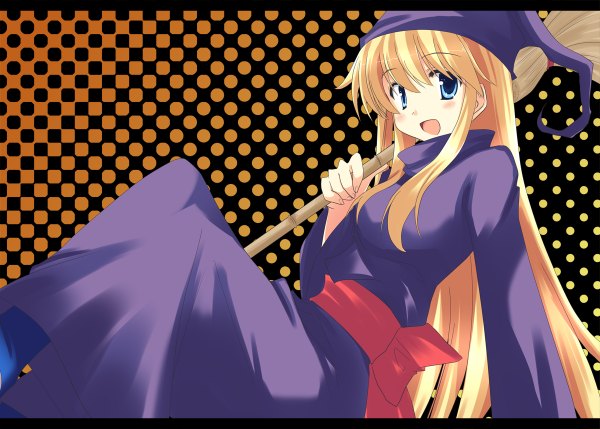 Anime picture 1200x858 with puyopuyo witch (puyopuyo) akane souichi long hair blush open mouth blue eyes blonde hair polka dot witch polka dot background girl broom