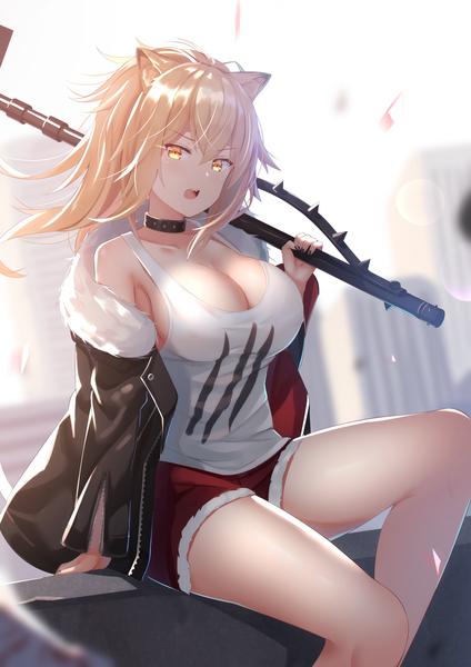 Anime picture 1654x2339 with arknights siege (arknights) f (milfaaaaa) single long hair tall image looking at viewer fringe breasts open mouth light erotic blonde hair hair between eyes large breasts sitting bare shoulders holding animal ears yellow eyes cleavage
