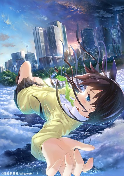 Anime picture 760x1074 with original eshi 100-nin ten wingheart single long hair tall image looking at viewer blush fringe blue eyes black hair signed sky cloud (clouds) bent knee (knees) pleated skirt outstretched arm city midair girl