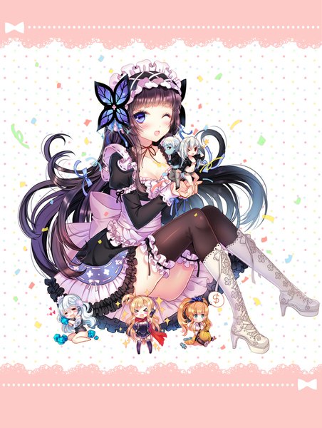 Anime picture 800x1062 with original ratise long hair tall image blush open mouth blue eyes black hair one eye closed wink chibi girl thighhighs dress hair ornament bow black thighhighs hair bow boots frills