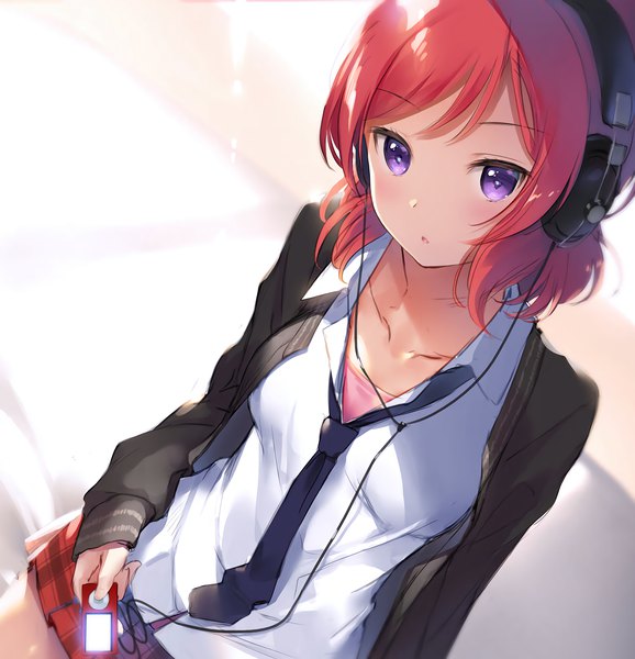 Anime-Bild 3040x3152 mit love live! school idol project sunrise (studio) love live! nishikino maki mignon single tall image looking at viewer blush fringe highres short hair open mouth sitting purple eyes holding absurdres red hair long sleeves pleated skirt