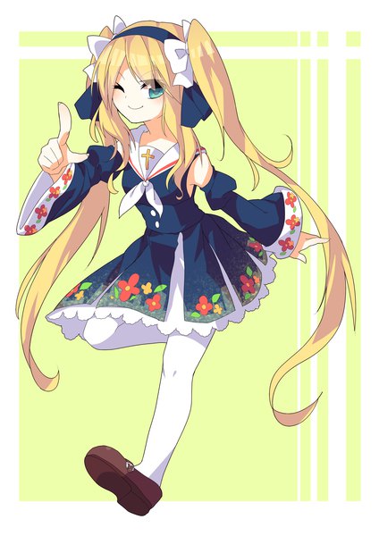 Anime picture 2480x3507 with locadol promotion original kozakura (dictionary) single tall image looking at viewer fringe highres blue eyes simple background blonde hair smile twintails full body very long hair one eye closed wink wide sleeves floral print sailor collar